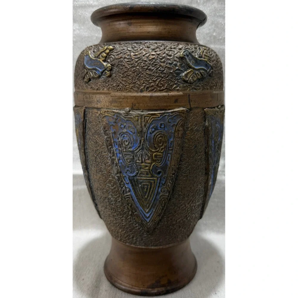 Vintage Japanese Bronze Relief Vase Archaic Taotie Bird Motif Blue Enamel 10.5in